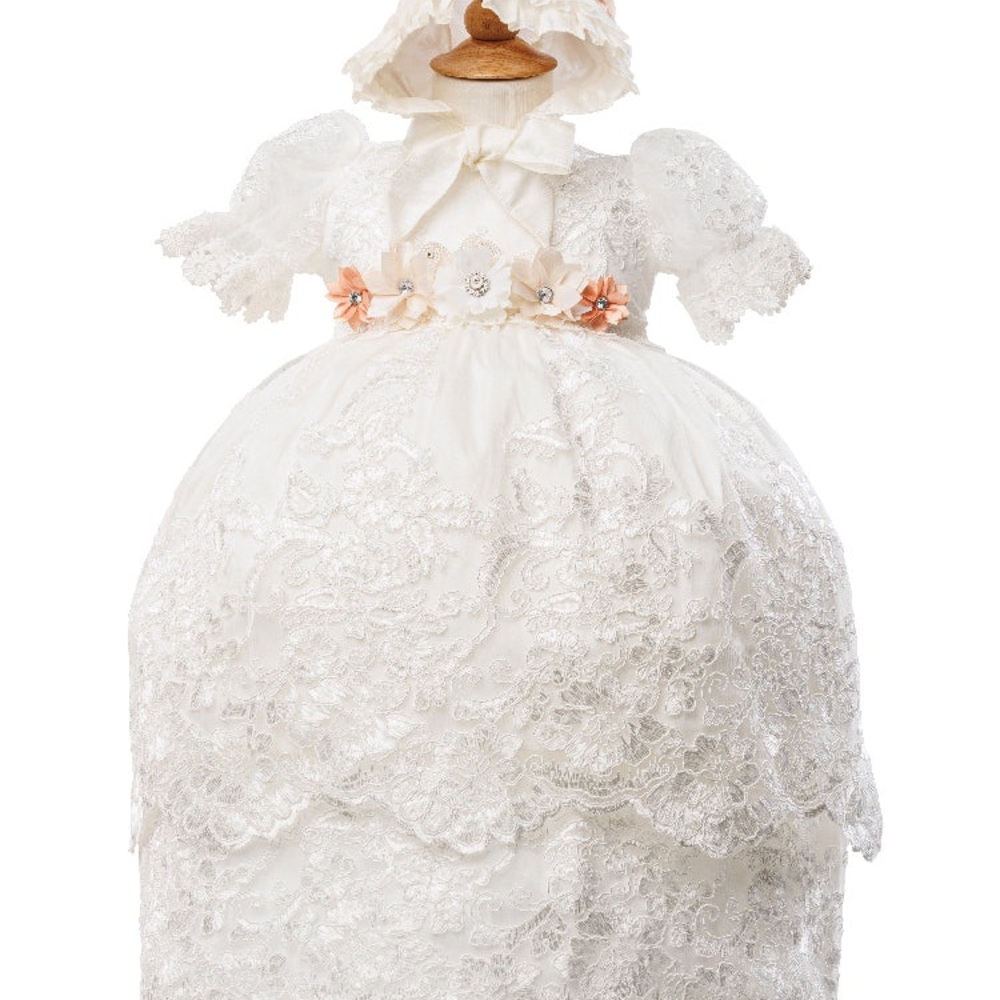 Baby Girl Ivory Puff Sleeve Headband 3 Pc Baptism Gown Set 2-3